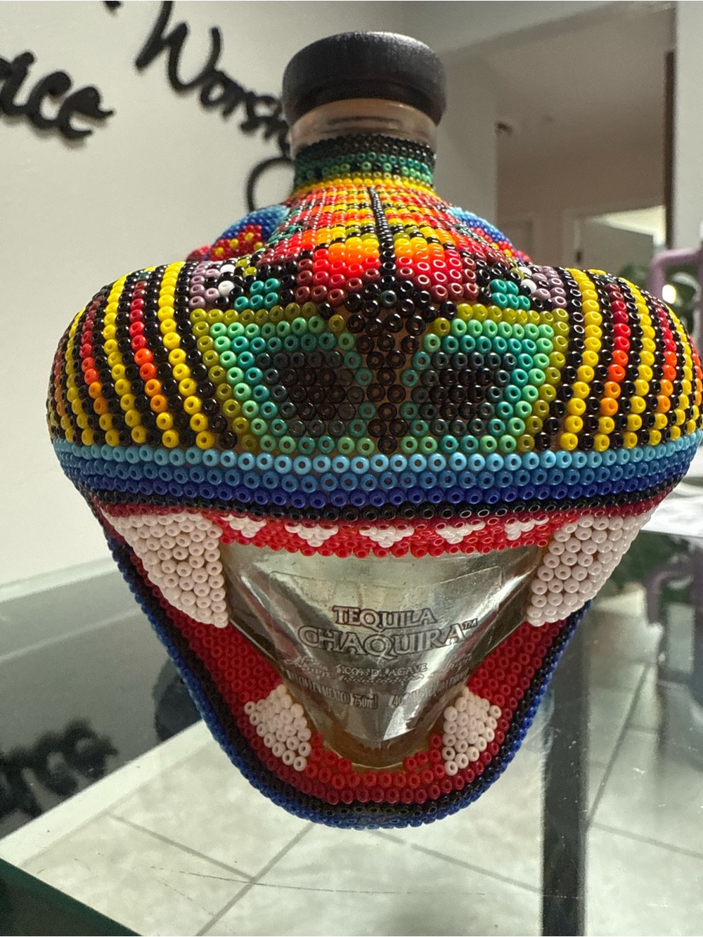 This is a Chaquira Beaded Jaguar Extra Anejo Tequila bottle collectible - Picture 6 of 8